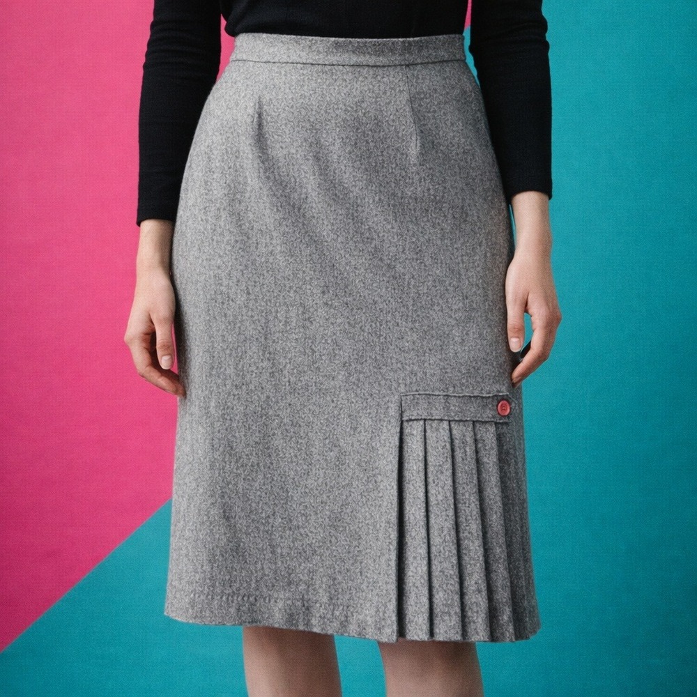 CE Stanton Vintage Wool Skirt | Sz 8 / 26" W | 1980s Gray Pleated Academia Midi